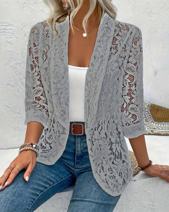 Effen kleur elegante jas met bloemenkant en revers