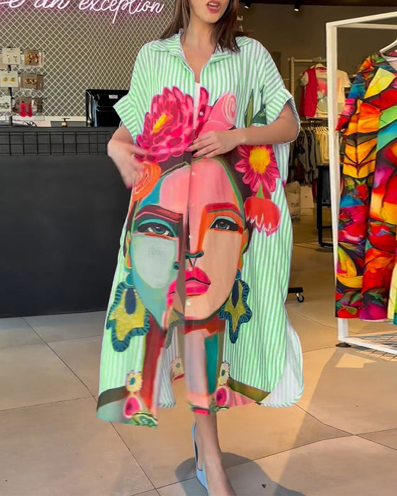 Verticale gestreepte blouse met reverssplit en karakterprint