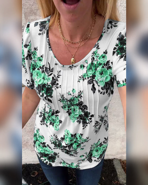 T-Shirt Met Ronde Hals Bloemenprint Geplisseerd