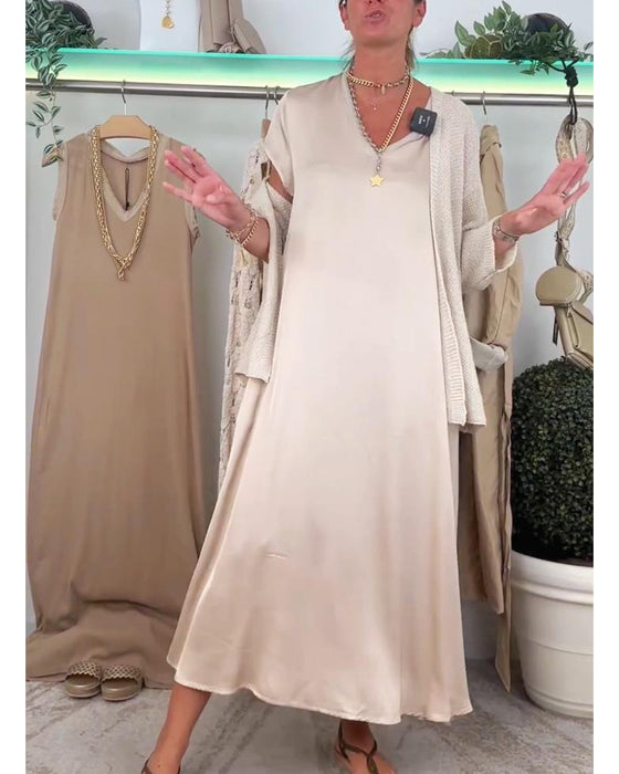 Casual effen kleur jurk met V-hals en zak