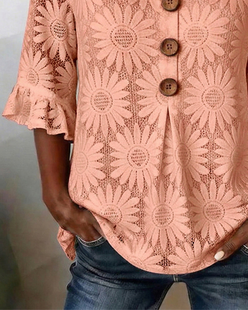 Blouse Met Gerimpeld Madeliefjespatroon En Pofmouwen