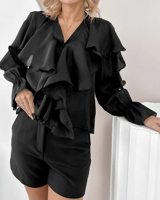 Blouse In Effen Kleur Met Ruches En V-Hals