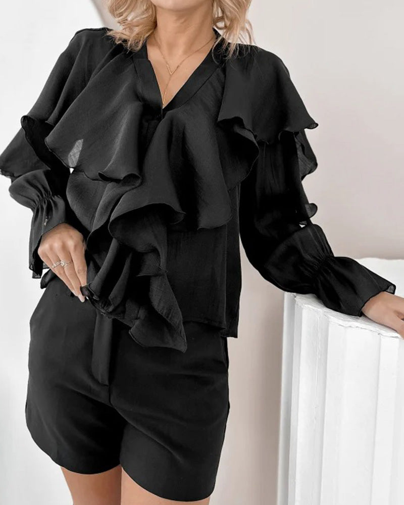 Blouse In Effen Kleur Met Ruches En V-Hals