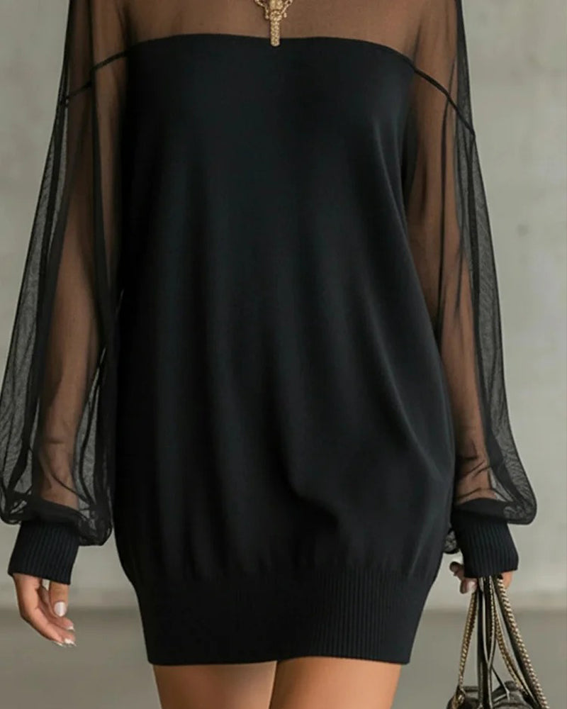 Jurk Lantaarnmouw Effen Kleur Patchwork