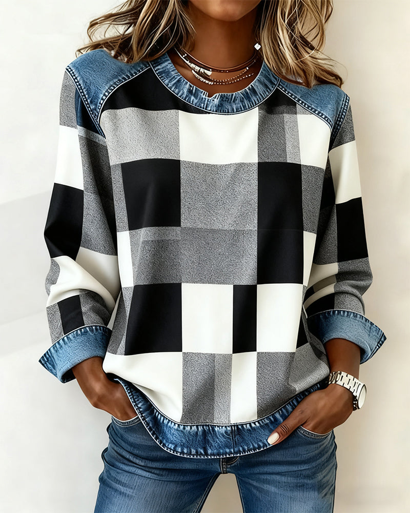 Sweatshirt Met Geruit Patchwork En Contrastkleur