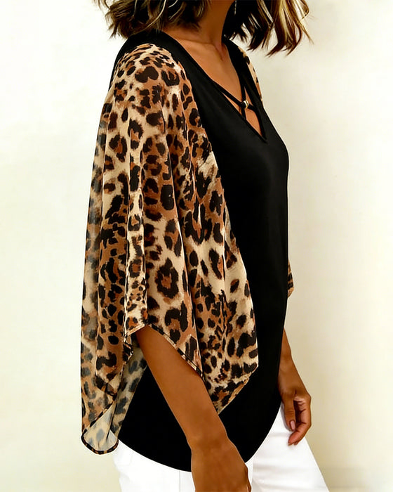 Blouse Vleermuismouw Luipaardprint Patchwork