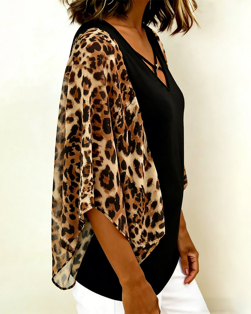 Blouse Vleermuismouw Luipaardprint Patchwork
