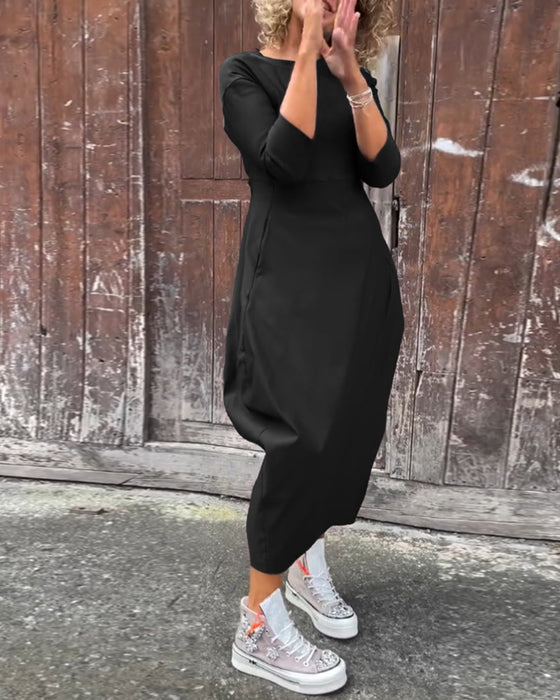 Eenvoudige effen kleur zak lange mouw elegante jurk