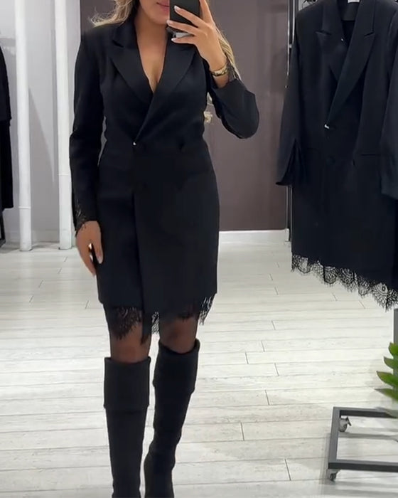 Jurk Met V-Hals En Contrastvakken Voor Werk