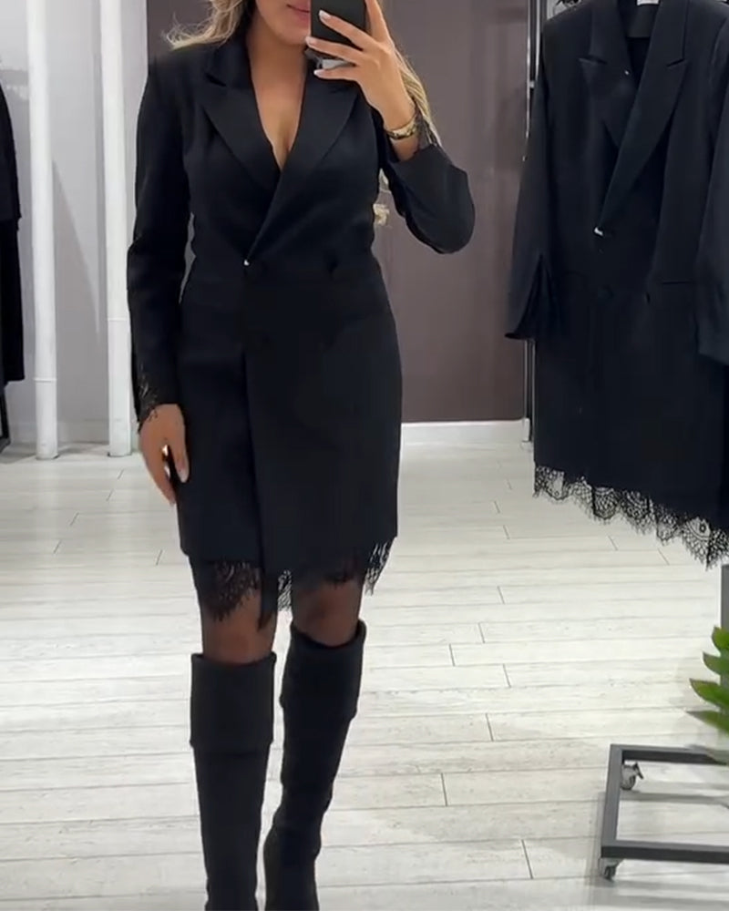 Jurk Met V-Hals En Contrastvakken Voor Werk