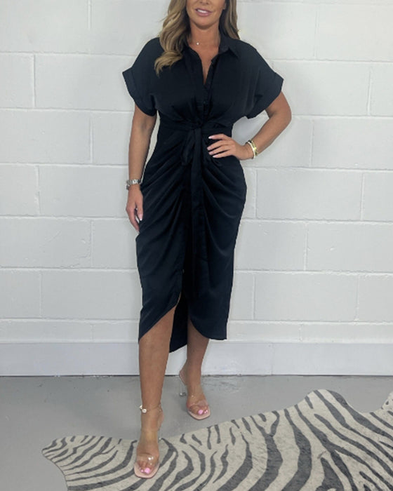 Elegante geplooide shirt hals jurk