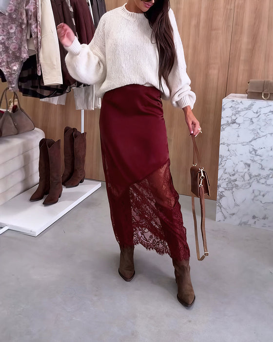 Elegante Satijnen Rok Met Kanten Patchwork