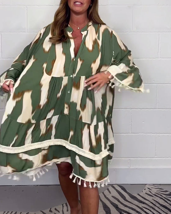 Casual jurkje met vintage print en franje