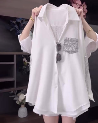 Colbertkraal-Glitters Blouse Met Lange Mouwen