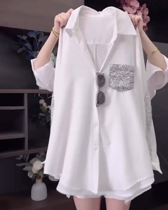 Colbertkraal-Glitters Blouse Met Lange Mouwen