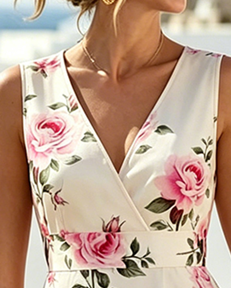 Jurk Bloemen V-Hals Mouwloos Taille A-Lijn