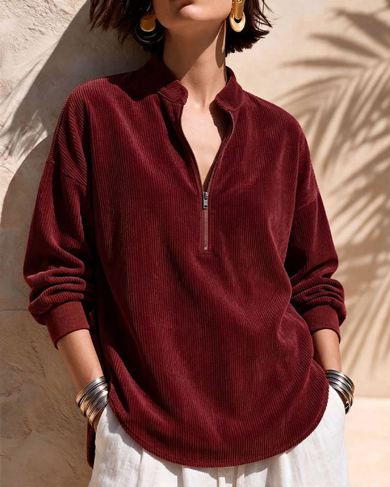 Blouse Rits Staande Kraag Ribfluweel