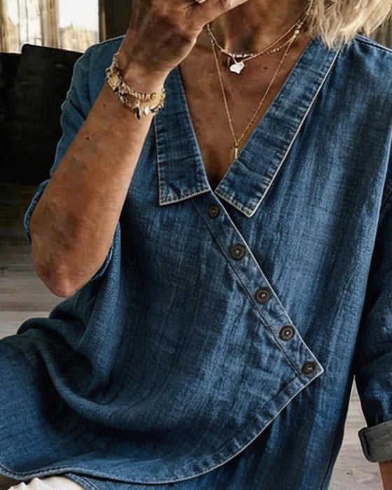 Blouse Effen Diagonale Knoop Knoopsgat Langmouw