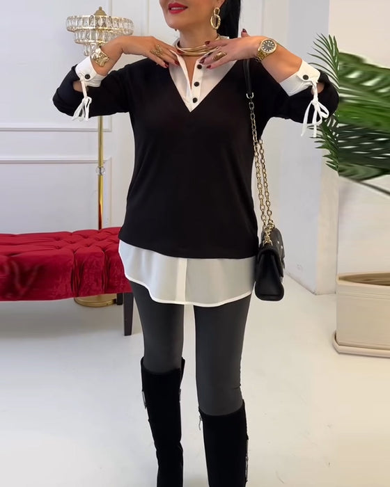 Top Zwart En Wit Patchwork Revers