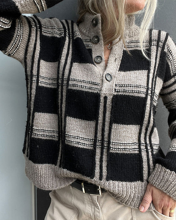 Pullover Knoop Turtleneck Ruit Kleurblok