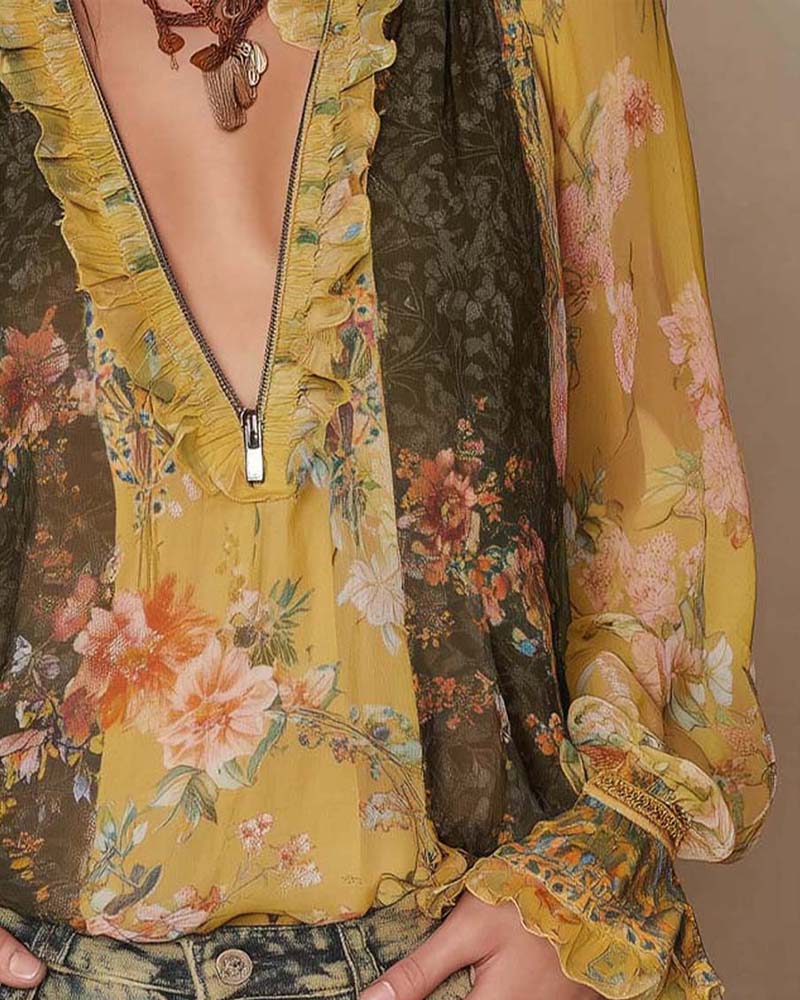 Halfritsluiting Bloemenprint Blouse