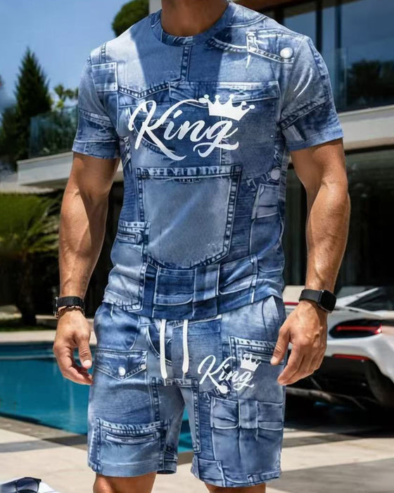 Herenset Met Rondhals Monogram-T-Shirt En Trekkoord-Shorts