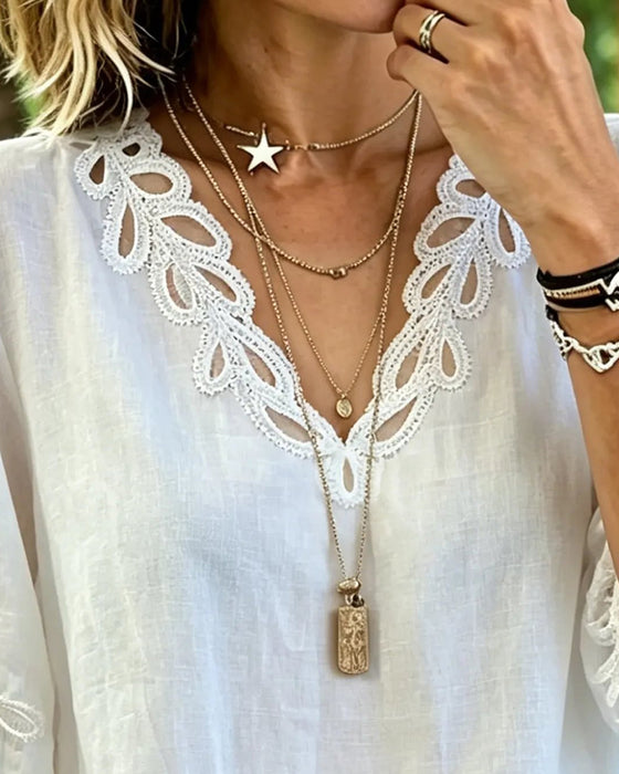 Blouse Hollow Out Kant V-Hals