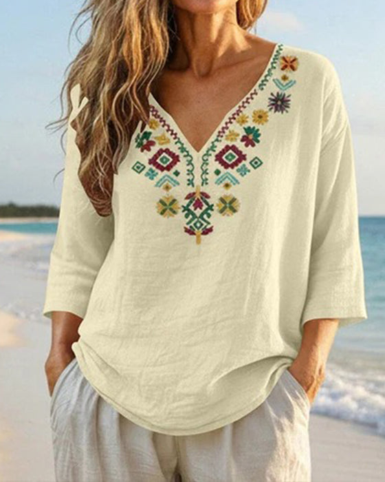 Blouse V-Hals Bohemien Bedrukt