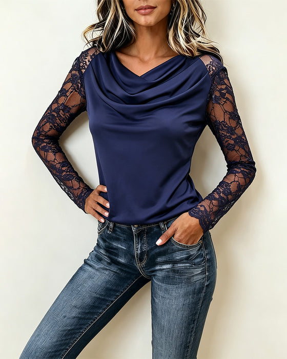 Blouse Cowl Hals Kant Paneel Lange Mouw