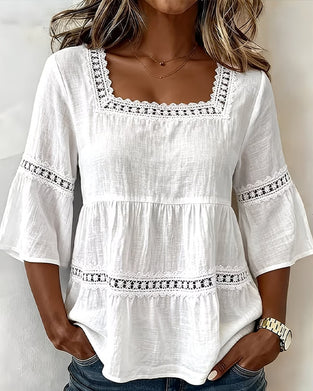 Blouse Korte Mouw Kantpaneel Vierkante Hals