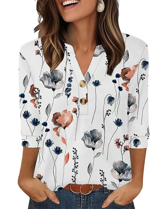 Blouse V-Hals Geknoopt Driekwart Mouw