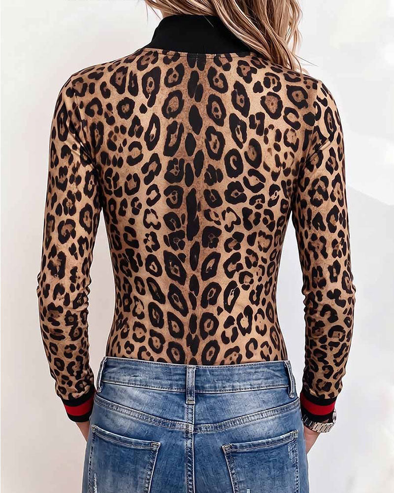 Top Luipaardprint Half-Zip Lange Mouw