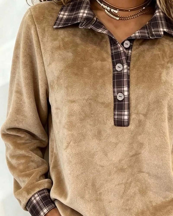 Sweatshirt Revers Knoop Geruit Patchwork