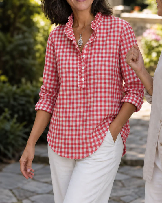 Blouse Ruche Rand Mandarin Kraag Ruit