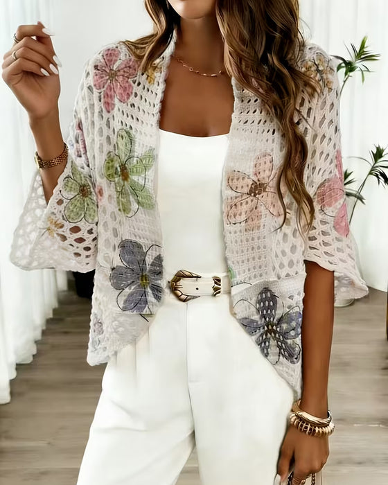 Cardigan Uitgesneden Bloemenprint Gebreid