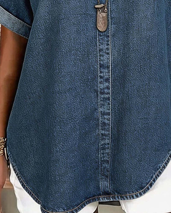 Blouses V-Hals Denim Korte Mouw