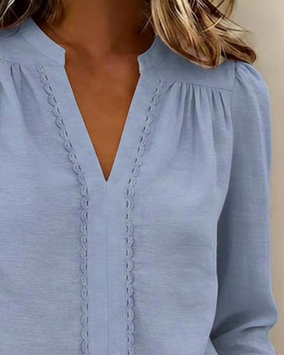 Effen Top Met V-Hals En Patchworkdetail