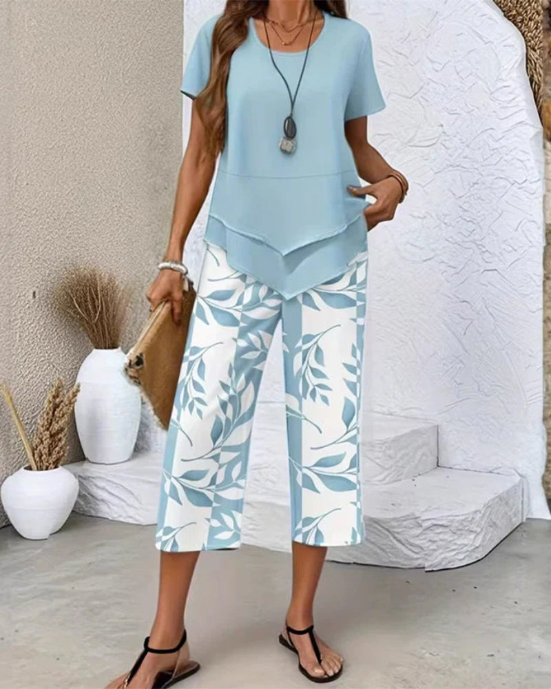 Tweedelig Set Bedrukte Cropped Broek Casual