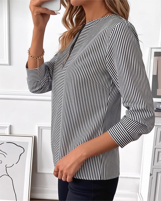 Blouse Gestreept Patchwork Rits Dicht