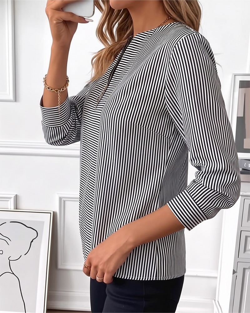 Blouse Gestreept Patchwork Rits Dicht