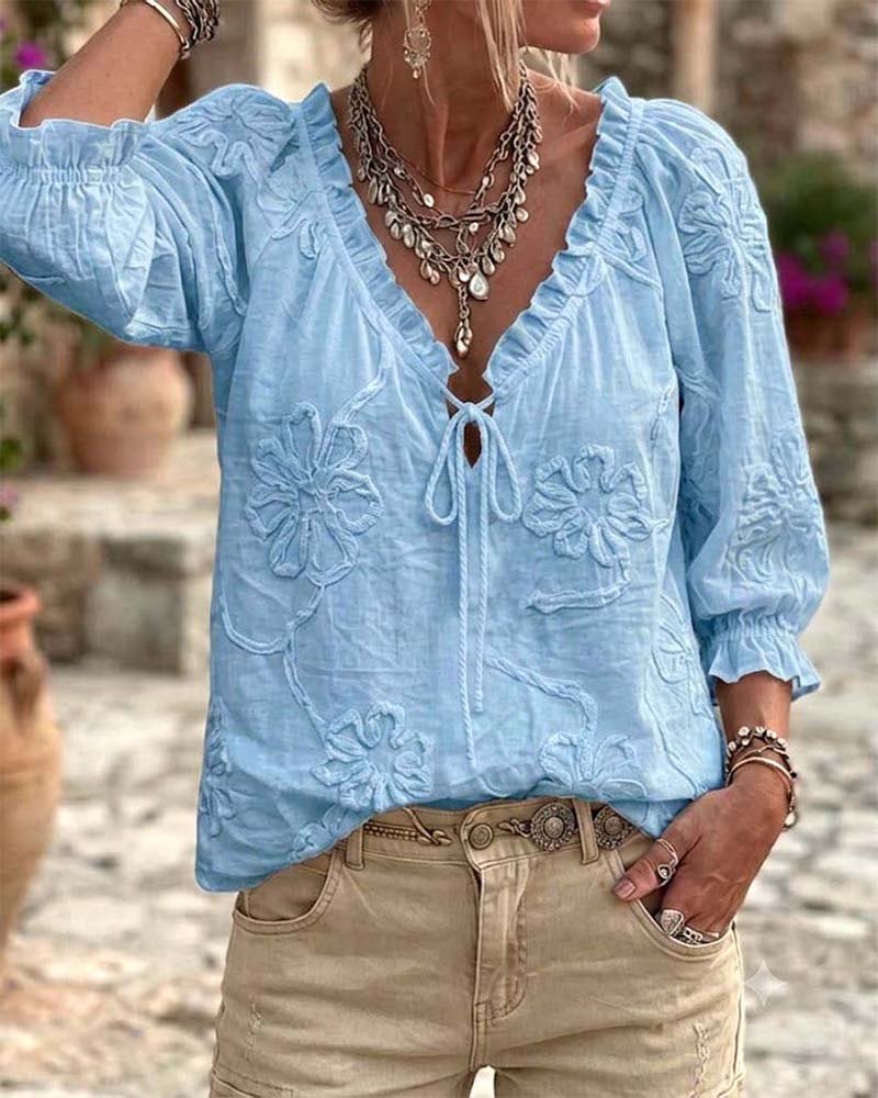 Blouse 100% Katoen V-Hals Wikkel Strik Gerafeld