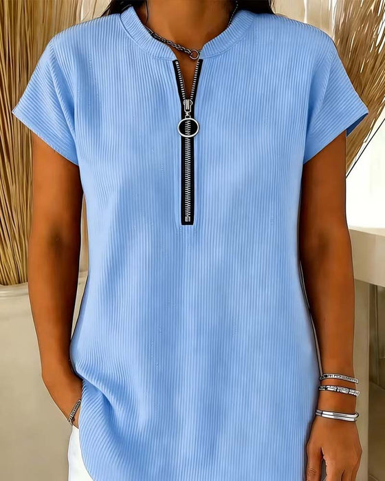 Blouse Effen Korte Mouw Rits
