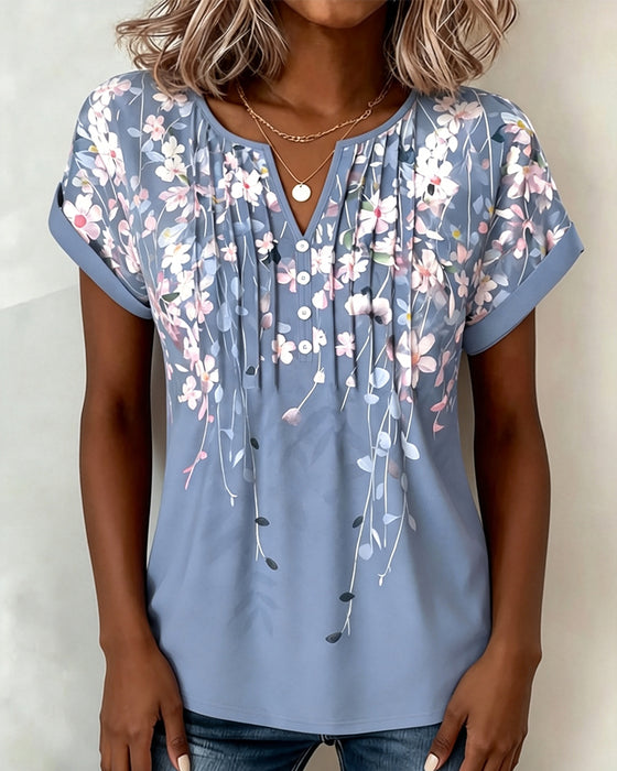 T-Shirt Print Geplooid V-Hals Korte Mouw