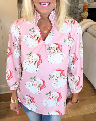 Blouse Met Kerstmanprint En V-Hals