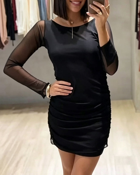 Jurk Ronde-Hals Mesh Gerimpeld Slim