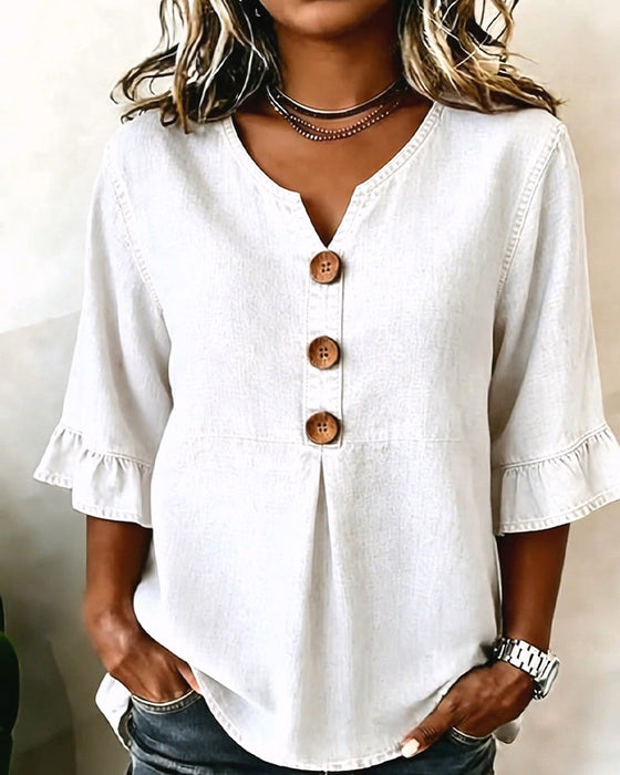 Blouse V-Hals Uitlopende Mouw Denim