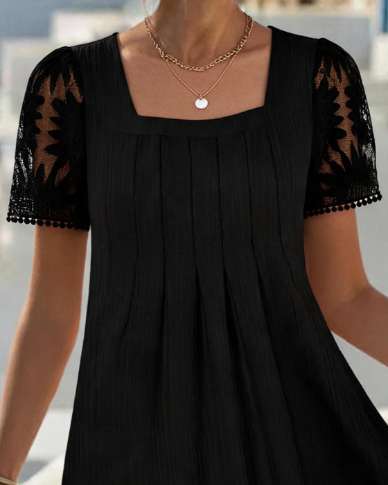 Jurk Vierkante Hals Effen Kant Patchwork Hoge Taille