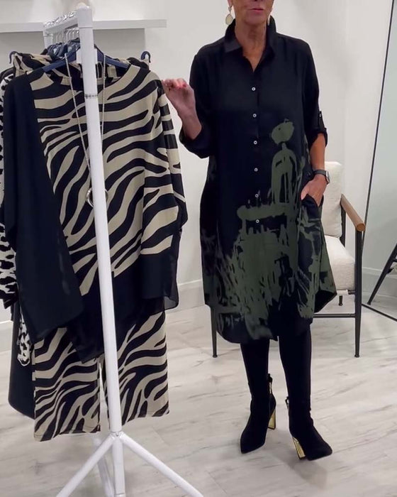 Contrasterende print revers knoop casual jurk