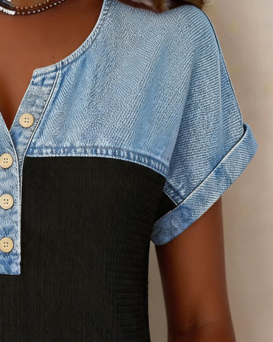 Blouse Denim Patchwork Korte Mouw