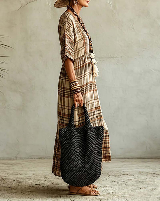 Jurk V-Hals Ruit Patchwork